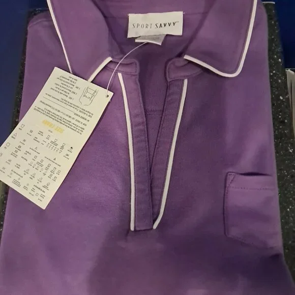 Women's Sport Savvy Pullover V-Neck Collar Short Sleeve Lavender White Trim XL - Picture 7 of 9